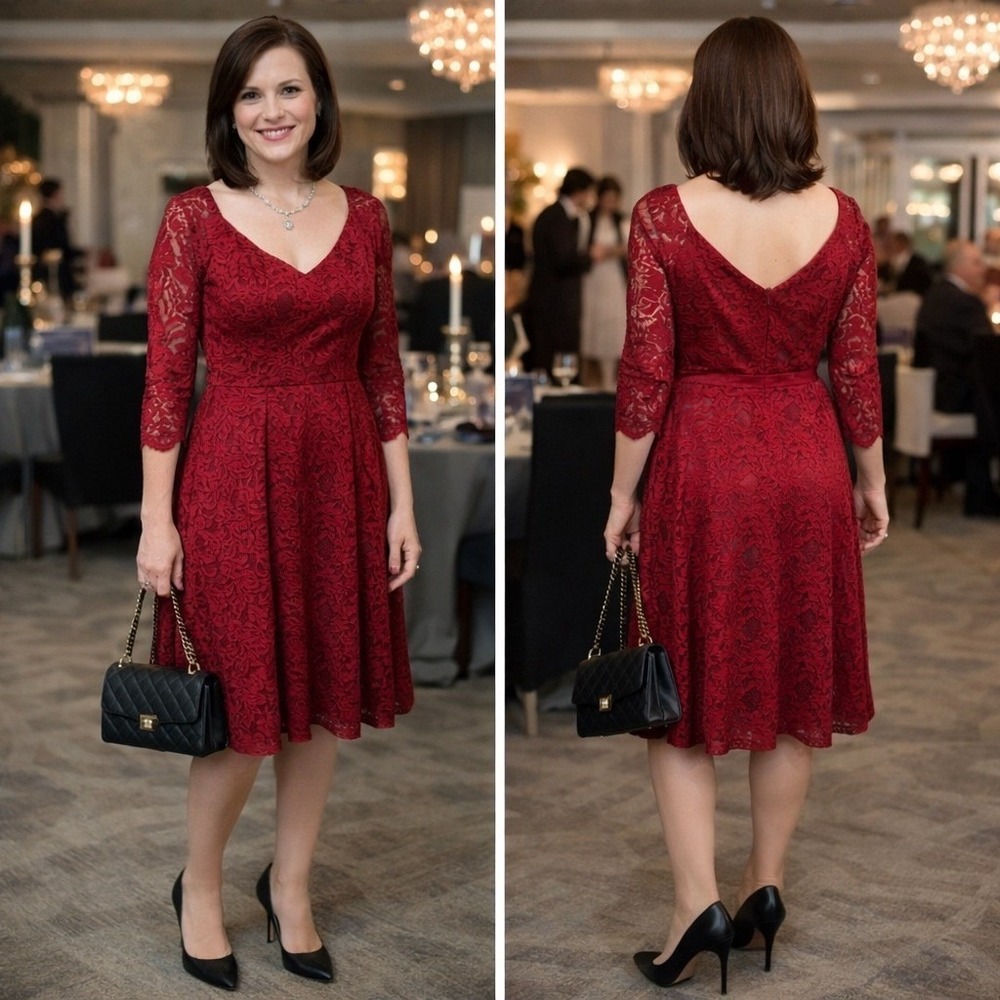 Missmay Retro Gorgeous City Lace Fit Flare Dress Burgundy 3/4 Sleeve V Neck